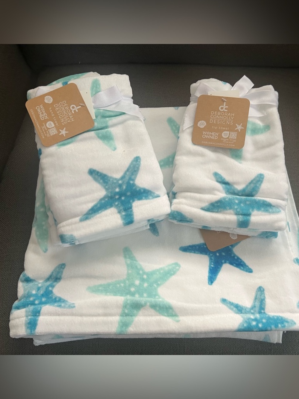 6 Pc Deborah Connolly Bath Towels Set Blue Starfish, Beach, Coastal  Cotton NEW